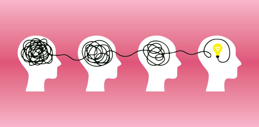 Graphic of head silhouettes. They each have a ball of string in them that gets detangled over time.