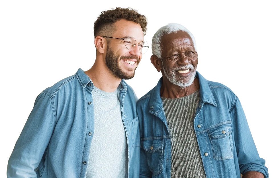 A young man and an older man, both wearing denim shirts, smile warmly while looking to the side. The background is solid black, creating a cozy atmosphere.
