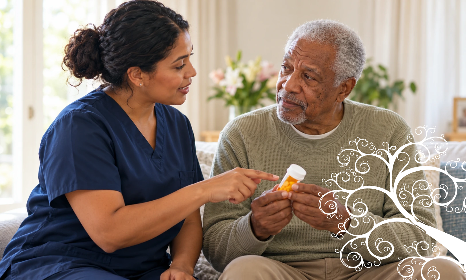Caregiver showing an older man a pill bottle