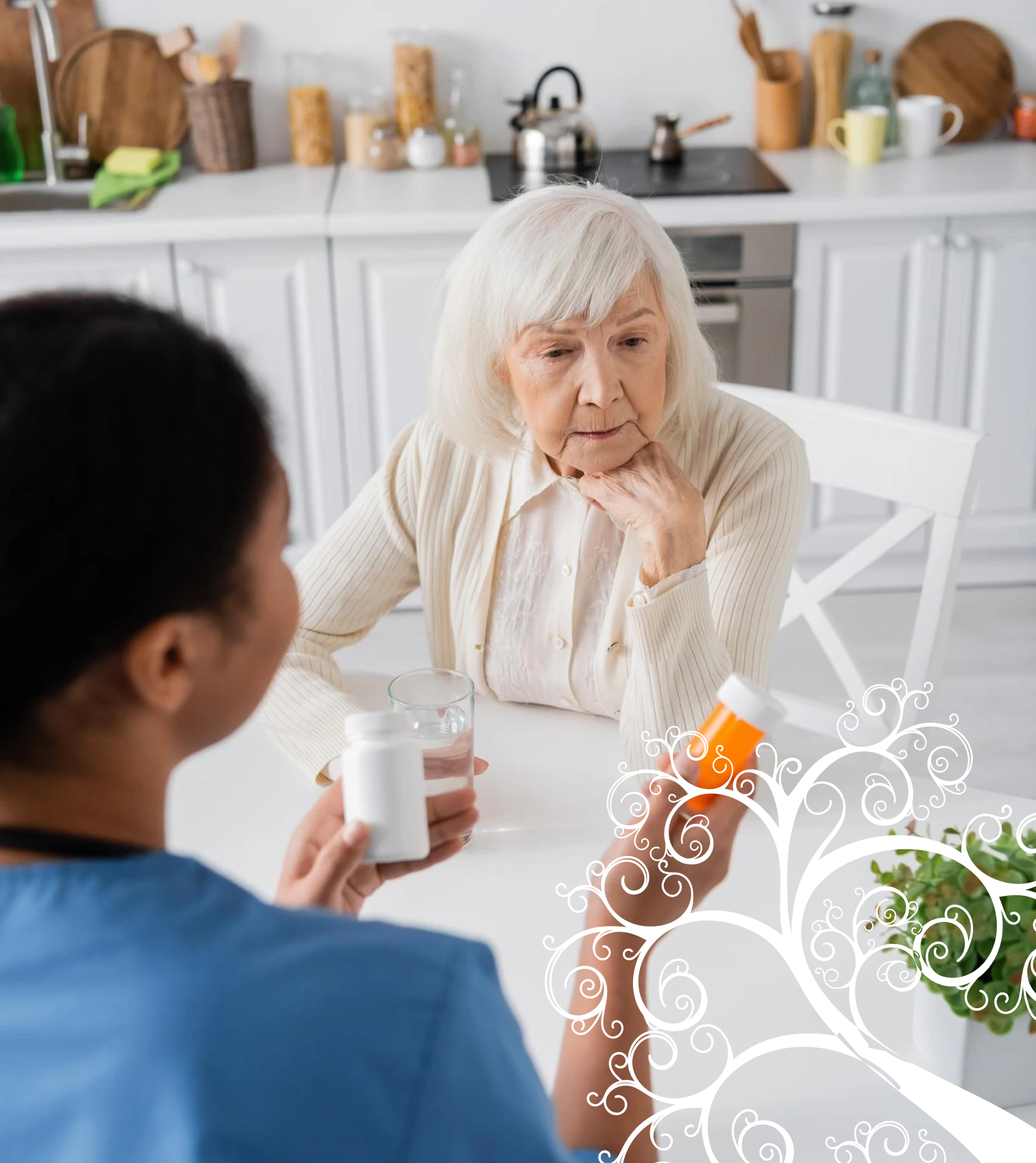 Caregiver discussing a pill bottle with an older woman at her kitchen table
