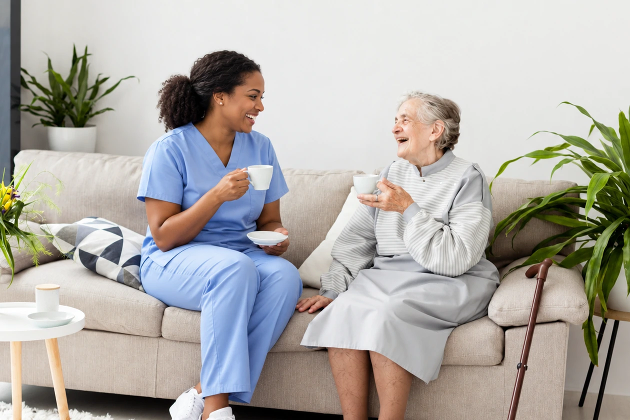 Caregiver and an older woman sharing tea and conversation