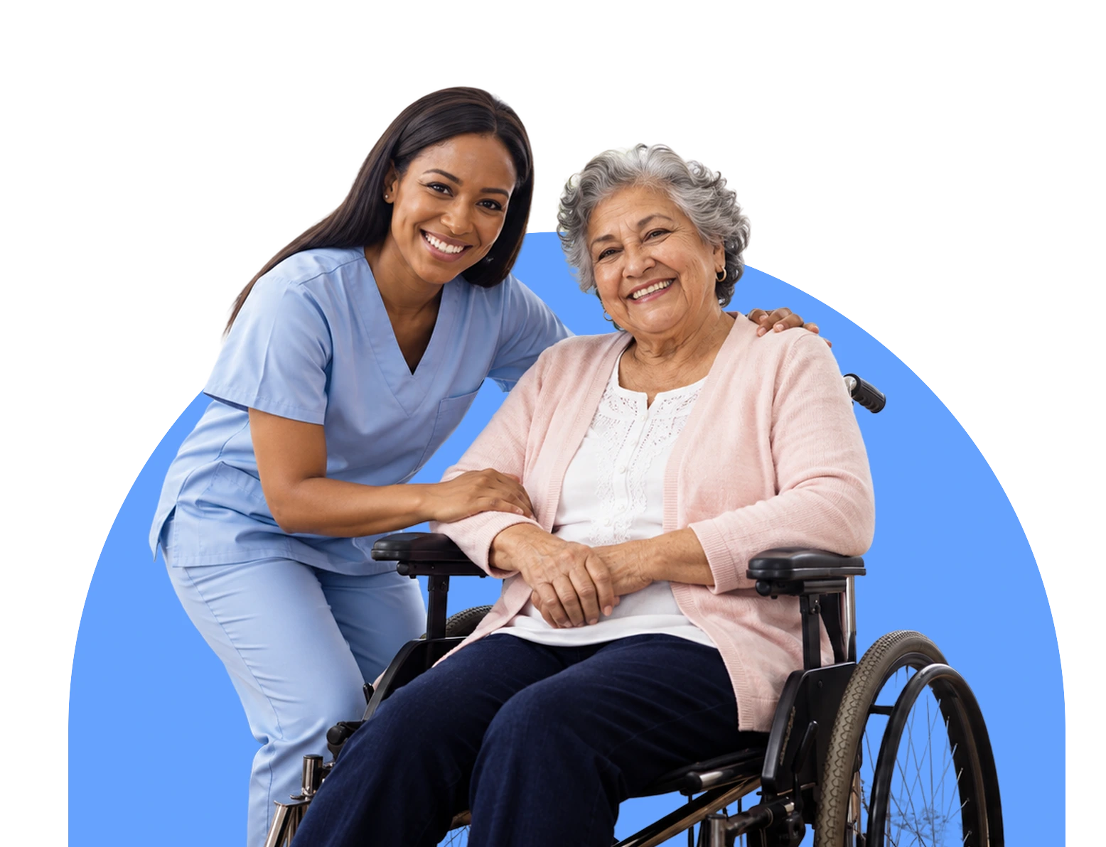Caregiver beside an older woman seated in a wheelchair